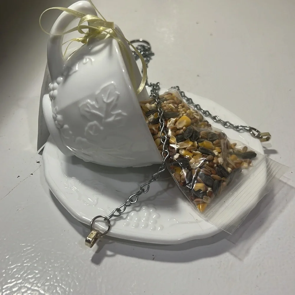 Cup and saucer bird feeder, created from vintage glassware